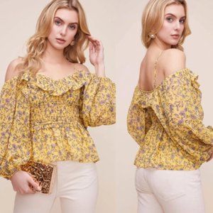 💛ASTR RUFFLE OFF SHOULDER SMOCKED FLORAL Yellow TOP💛